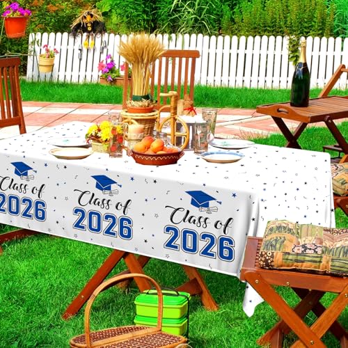 Image of 2026 Graduation Decorations,Congrats Grad Tablecloth 2pcs White Navy Blue Class of 2026 Table Covers Rectangle for Graduation Party Supplies,108x54inch(Blue)
