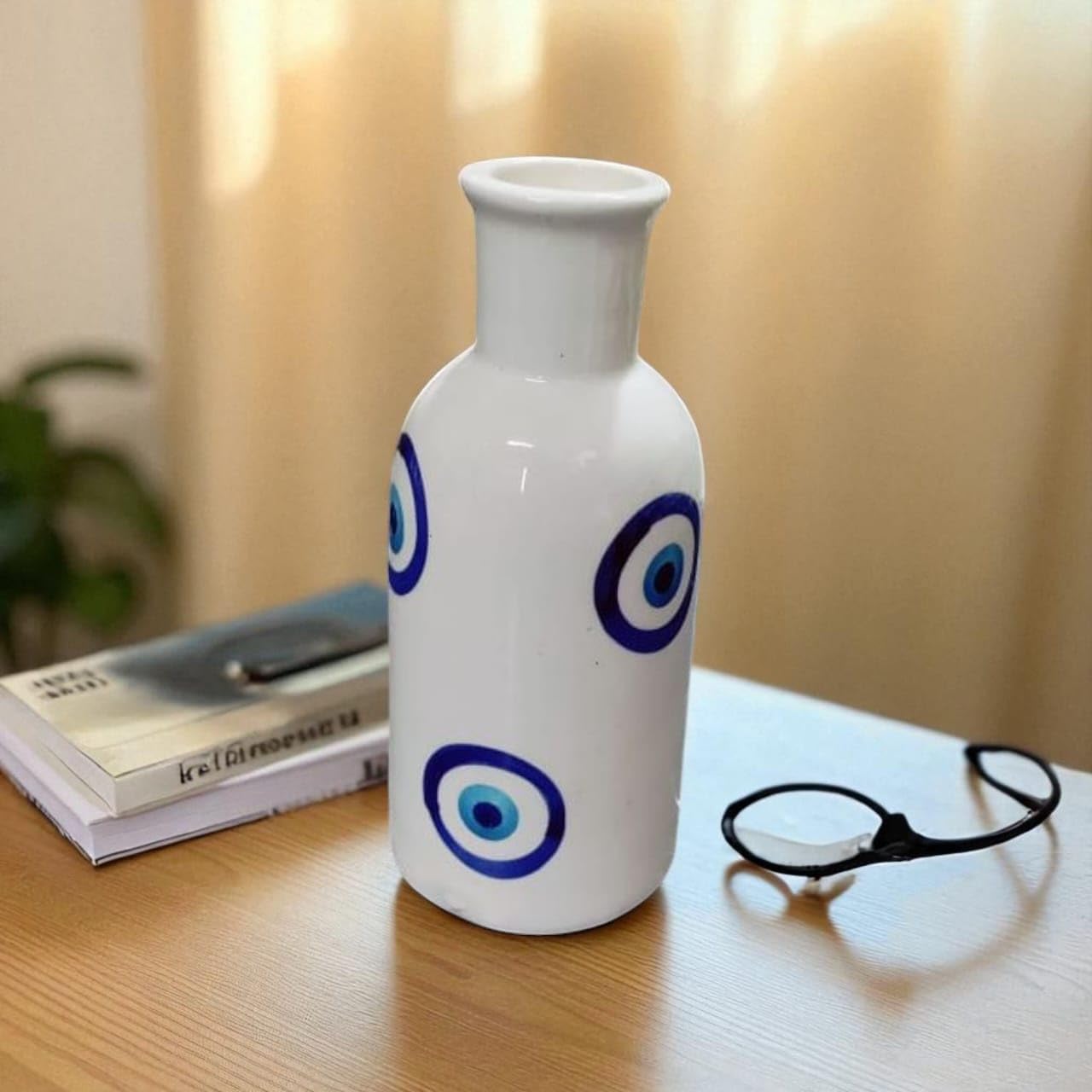 Malaikah Ceramic Table Vase - White with Evil Eye Print Vase|Handprinted & Handmade| Ceramic 8 Inches Bottle Shaped Flower Vase | for Home Décor|Office Table| Pack of 1-image-22