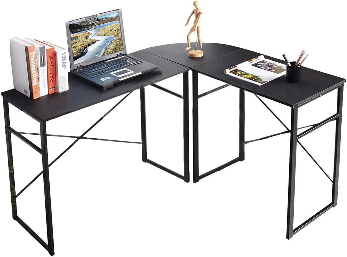 FITATHOME L-Shaped Folding Computer Desk with Wood and Metal in Dark Beech 123 x 103 x 72 cm (Black)