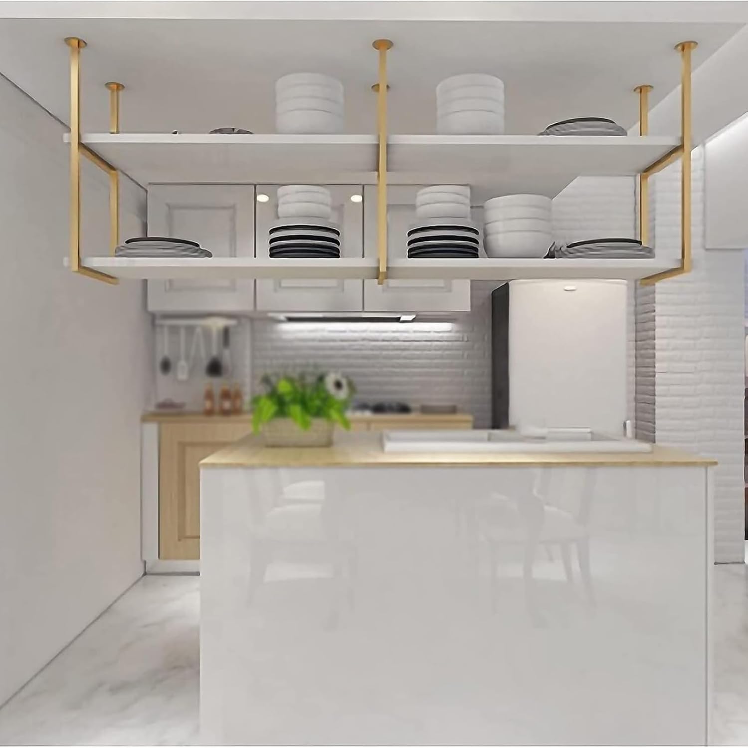 11.8in x 43.3in Heavy Duty Floating Shelf Bracket (No Plank), 3 Layer Ceiling Mount Shelf Bracket with Install Screws, Metal Hanging Shelves Brackets, for Kitchen, Bar(Gold,2 Pack)
