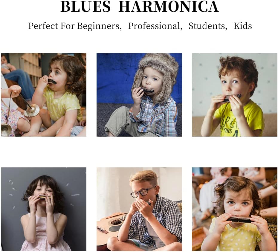 10 Holes 20 Tones Blues Harp Mouth Organ Harmonica, Diatonic Blues Harmonica Key of C, For Kids Adults Student Beginners Professionals, with Hard Case and Cleaning Cloth (Black) thumbnail