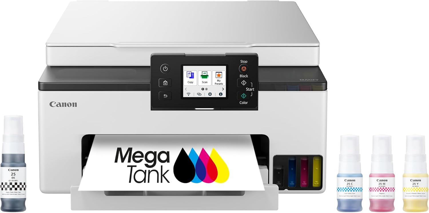 Canon Megatank GX1020 All-in-One Wireless Supertank Printer, Print/Copy/Scan, 2.7" LCD Touchscreen, Auto Duplex