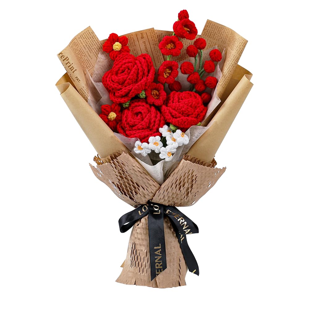 NAVESO Bouquet de fleurs en crochet fait à la main, roses rouges éternelles pour Saint-Valentin