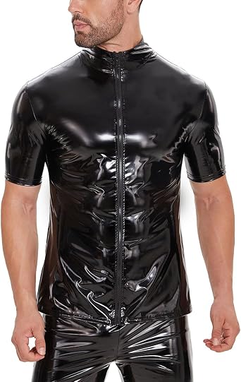 Men Sexy Leather Shirt, Glossy, Plus Size, Full Zipper, Short Sleeve, Shiny Latex Coat For Male