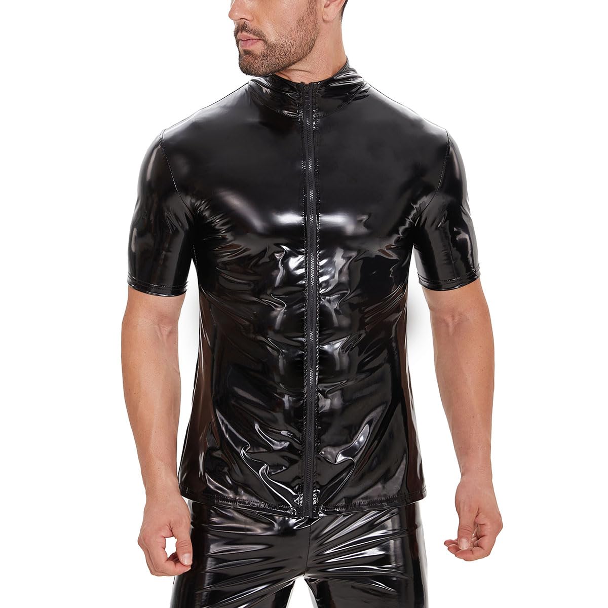 Chemise sexy en cuir pour homme, brillant, grande taille, fermeture éclair, manches courtes, manteau en latex brillant pour homme