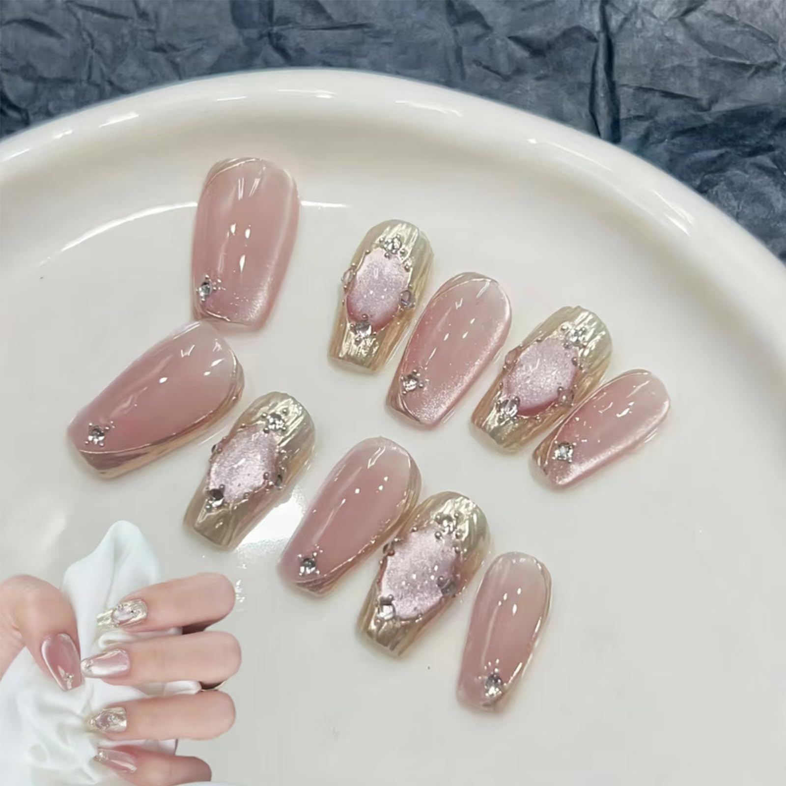 Press on Nails Set, 10 Pcs French Tip Exquisite Handmade Fake Nails with Ultra-Adhesive Jelly Glue & Nails Kit, Long-Lasting over Two Week, Reusable False Nails for Women, Girls (Rose, Medium) Rose Medium