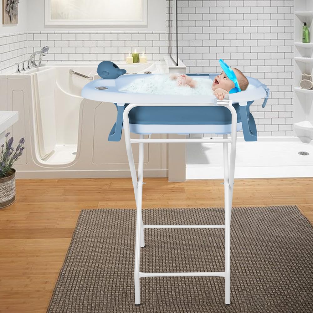 Faltbare Babybadewanne mit Gestell, Thermometer, Badekissen und Badekappe, Baby Badewanne mit Ablaufsystem, PP und TPE Material (Blau, 55x40x90 cm)