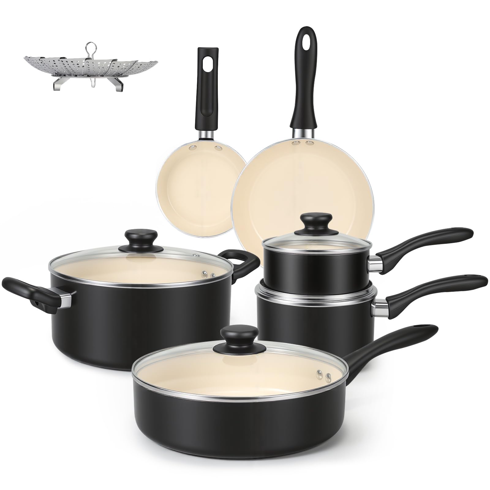 Amazon Basics Ceramic Non-Stick Pots and Pans, 11-Piece Cookware Set, and -Free, Black/Cream
