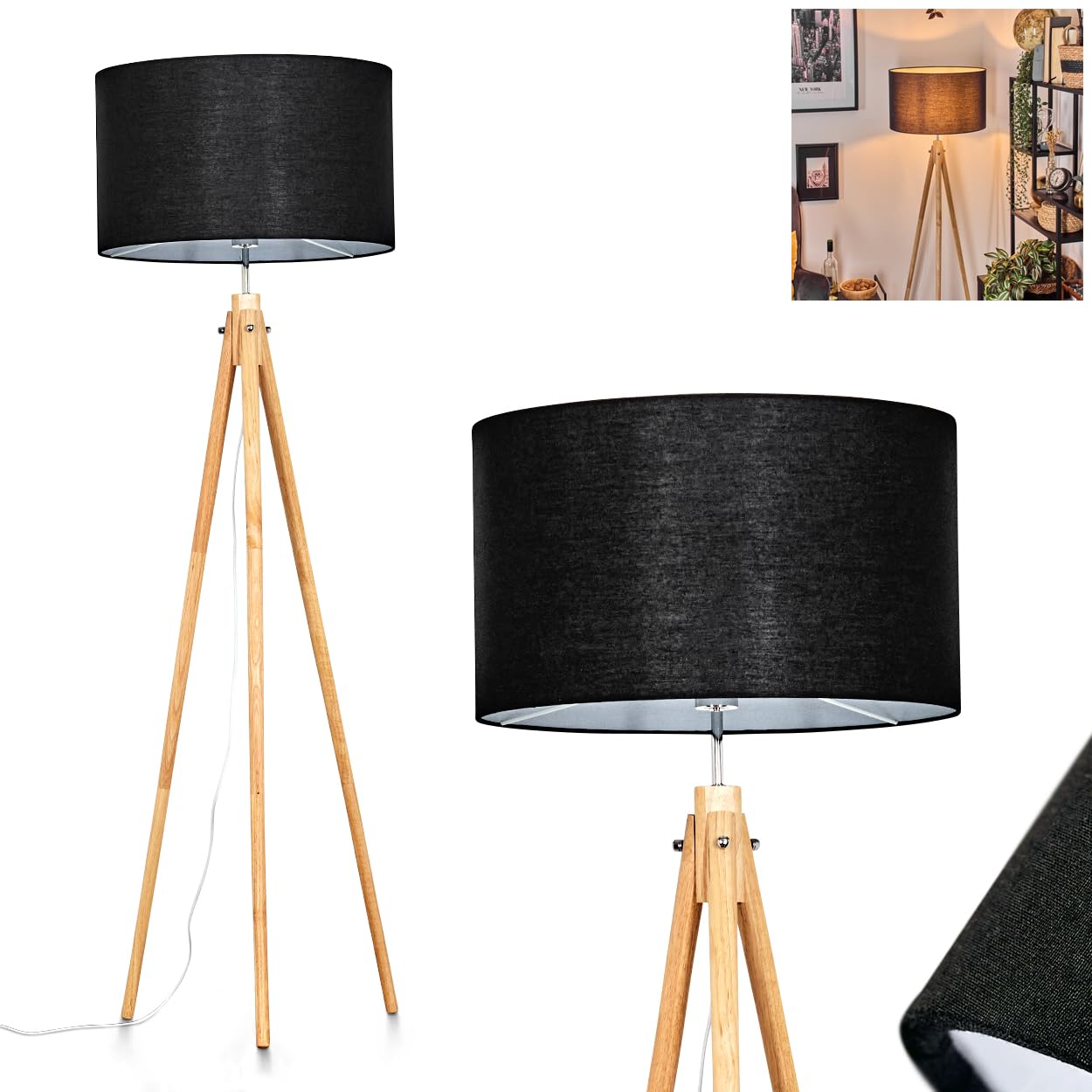 Stehleuchte Flemming, Stehlampe aus Holz/Stoff in Naturfarben/Schwarz/Weiß, Leuchte im skandinavischen Design mit rundem Schirm (Ø 50 cm) u. Fußschalter, Höhe 162 cm, 1 x E27, ohne Leuchtmittel