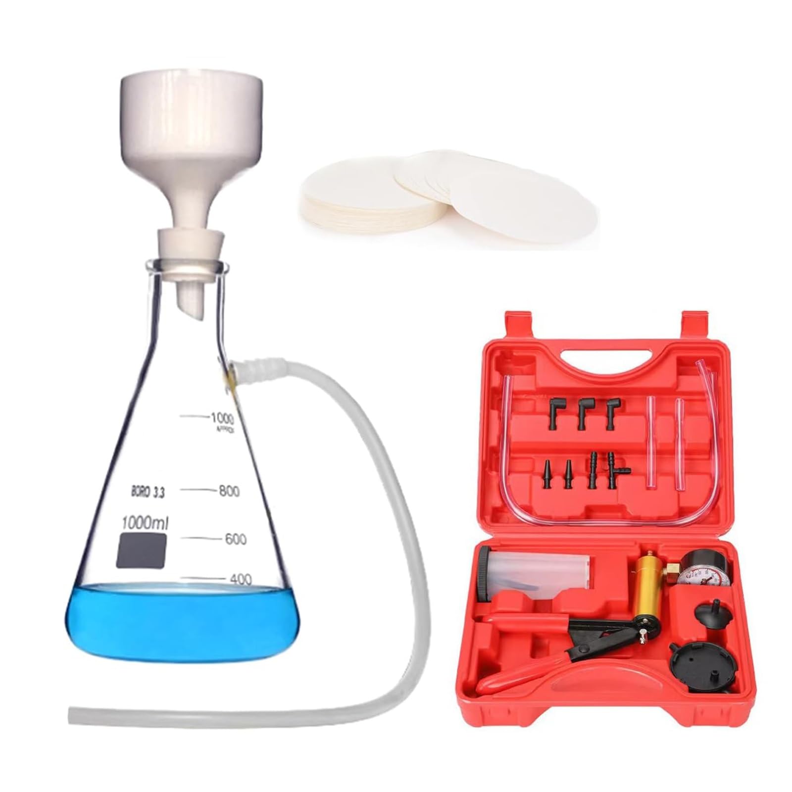 Kit de filtración al vacío para estudiantes - botella filtrante, embudo Büchner porcelánico y bomba metálica, seguro y premontado para laboratorios escolares y proyectos científicos(250ML)