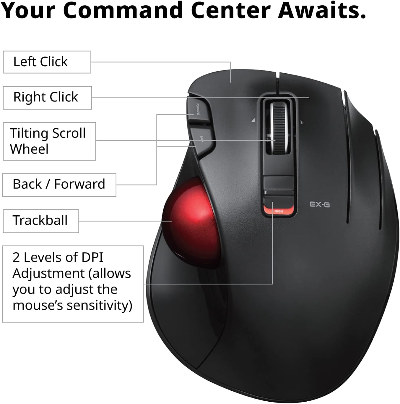 ELECOM EX-G Trackball Mouse, 2.4GHz USB Wireless, Ergonomic Design, Thumb Control, Smooth Precise Tracking Roller Ball, 6 Programmable Buttons, Tilt Scroll, Computer Mice for Laptop PC, Windows & Mac - Image 8