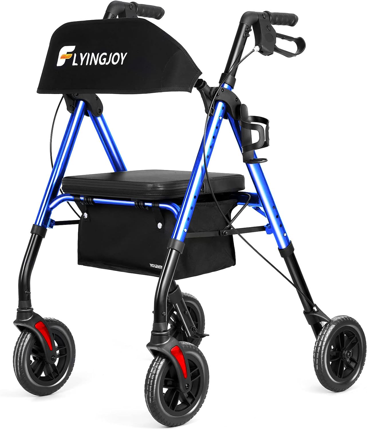 FlyingJoy Rollator Walker with Seat and Brakes, 300 lbs Adults Bariatric Walker for Seniors with Extra Wide Backrest, Lightweight Folding Adjustable Height, All Terrain Rolling Walker 8 Inch 4 Wheels