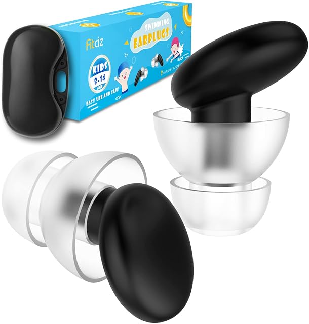 Fitciz Ear Plugs for Swimming Kids, 2 Pairs with Delicate Case, Age 8-14, Reusable Comfortable Waterproof Silicone Ear Plugs, Earplugs Swimming