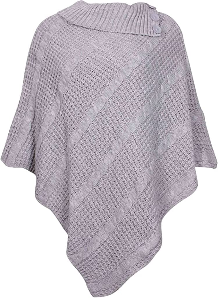 Womens Check Printed Ladies Stretch Knitted Collared Cape Wrap Shawl Jumper Poncho Top (Plain Grey)