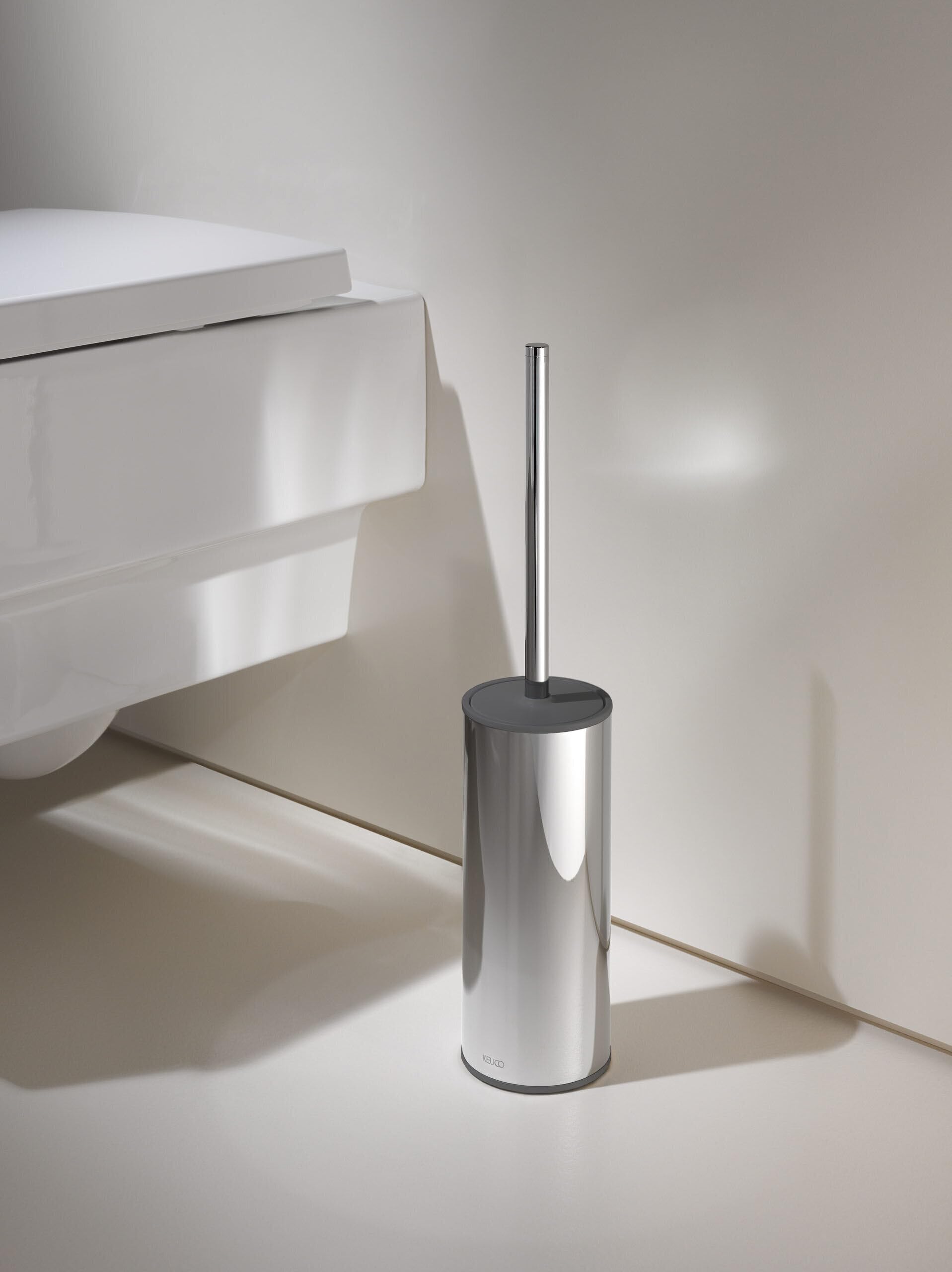 KEUCO Moll Set aus WC-Bürstengarnitur & 4 Bürstenköpfen, Standmodell, Chrom | Bürstengarnitur mit Metallgehäuse und Bürste, Ersatzköpfe schwarz, Bürstenhalter mit Klobürste