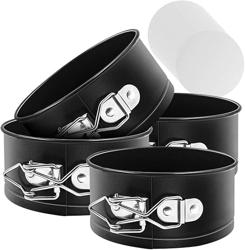 MASSUGAR Springform - Paquete de 4 moldes para pasteles pequeños de 4 pulgadas con 50 forros de papel pergamino, sartén antiadherente a prueba de