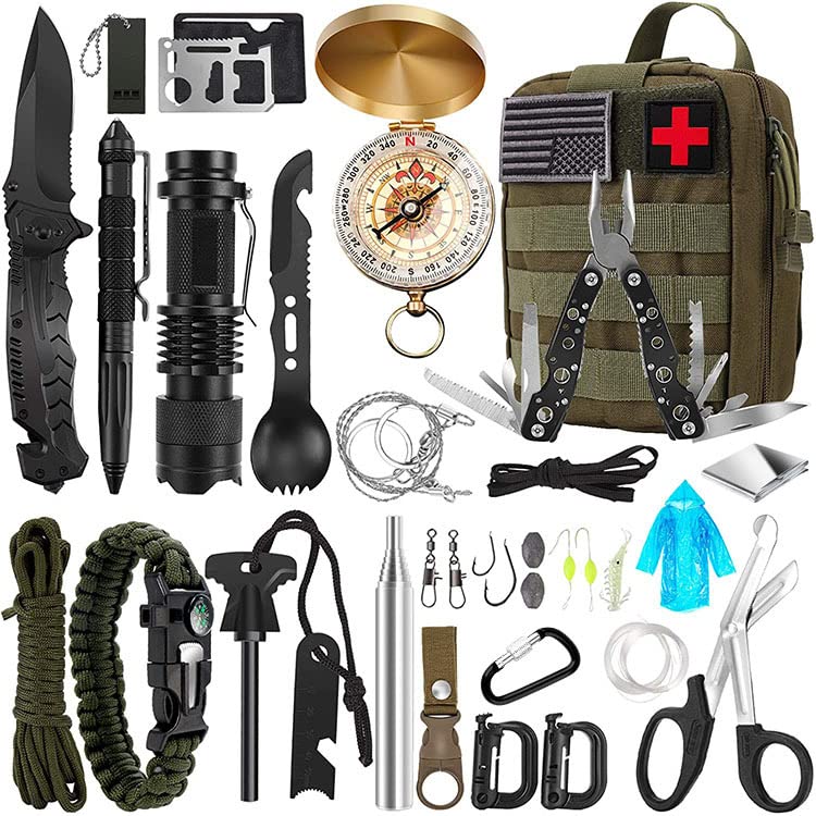 scosao Kit de Supervivencia 21 en 1 Multifuncional Bolsa de Supervivencia de Emergencia, Kit de Supervivencia Militar y Botiquín de Primeros Auxilios, para Caminar Senderismo,Viajes o Aventuras,Green