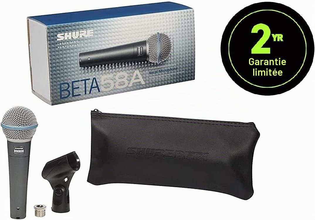Shure Beta 58A Microphone Vocal - Micro Dynamique Supercardioïde à Un Élément & CAHAYA Pied de Microphone au Sol Mobile 2 en 1 Trépied en Métal avec Deux Clips Différents Réglable