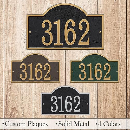 WHITEHALL Address Sign House Numbers for Outside Modern Address Signs for Houses Cast Metal Address Plaque, Arched Rectangle 12" x 7.25" - Black with Gold Numbers