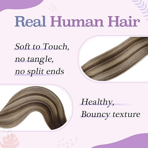 Miniatura 2 de Sindra Extensiones de cabello humano real con pinzas, 16 pulgadas, balayage, extensiones de cabello marrón chocolate a rubio caramelo, 6 unidades,