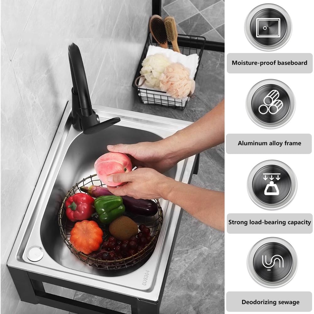 Lavello da Cucina,lavello Parete,lavabo in Acciaio Inox con Supporto Lega di Alluminio per Lavanderia,Garage,Officina (48x35x31cm)