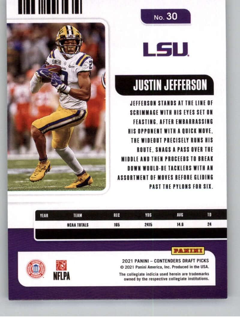 2021 Panini Contenders Draft Season Ticket #30 Justin Jefferson LSU Tigers Official NCAA Football Trading Card in Raw (NM or Better) Condition