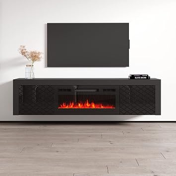 Meble Furniture Dia BL-EF 71" Electric Fireplace TV Stand Floating Entertainment Center with Multicolor Flame Options Modern Media Console Black, 71" W x 15.7" D x 24.6" H