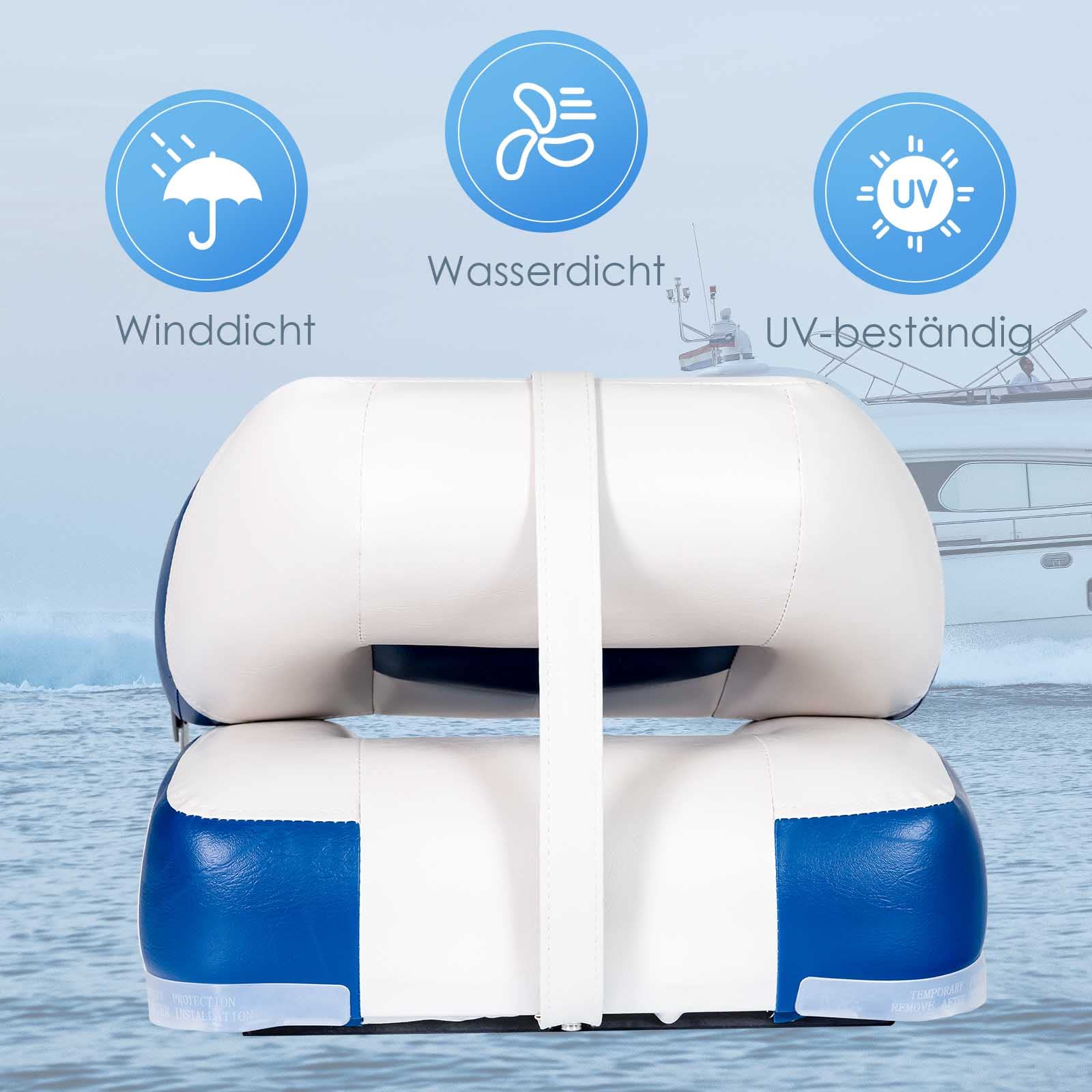 GYMAX Juego de 2 Asientos para Barco Plegables y Acolchados, 42 x 50 x 52 cm, Asiento Plegable para Barcos (Azul y Blanco)