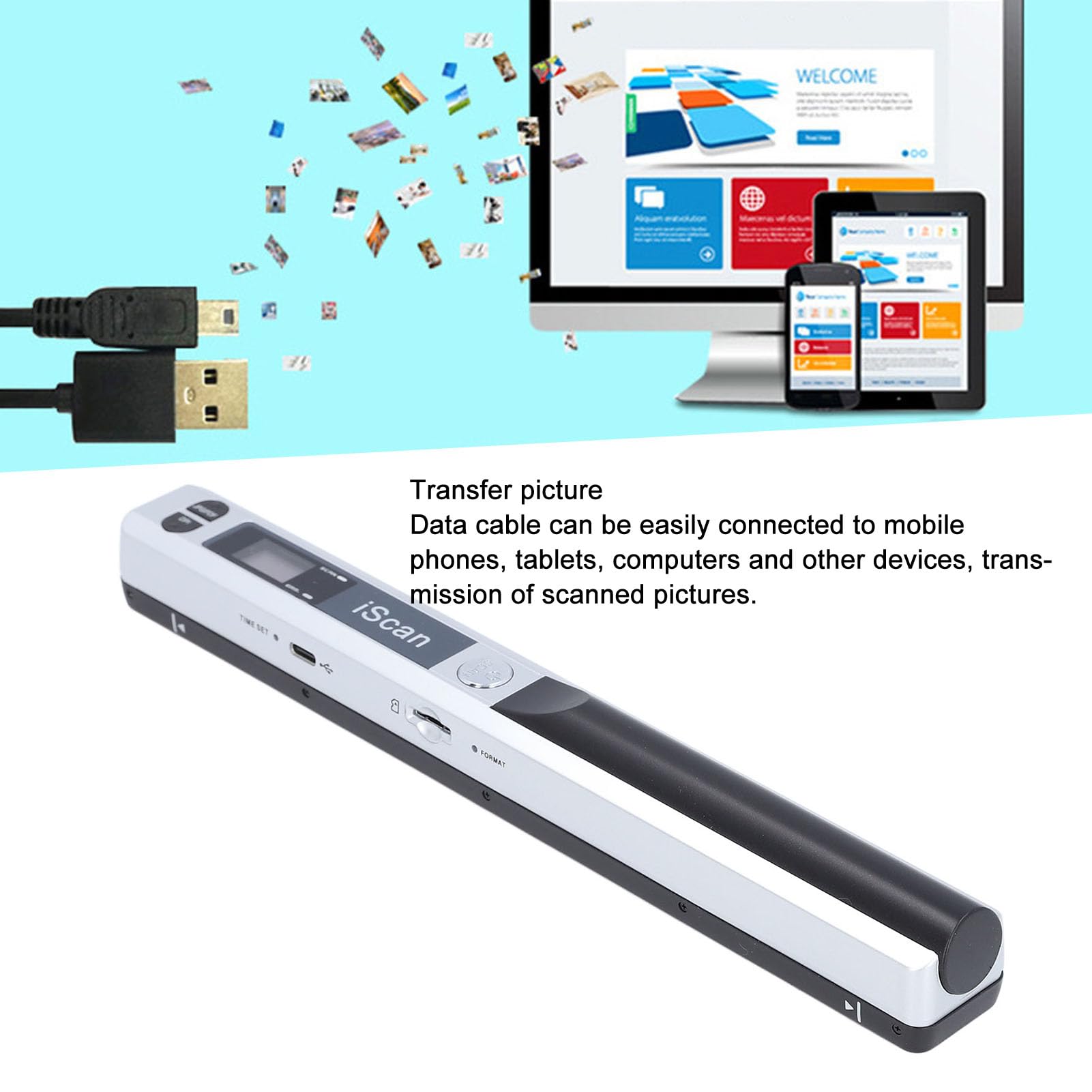 Tbest Tragbarer Scanner, Handscanner, Dokumentenscanner, Scanstab, 900 DPI, A4, Farbfoto, Bildscan, JPG, PDF, USB 2.0, 32 GB, Micro-SD-Karte, Unterstützung für Dokumente, Fotos, (Silver)