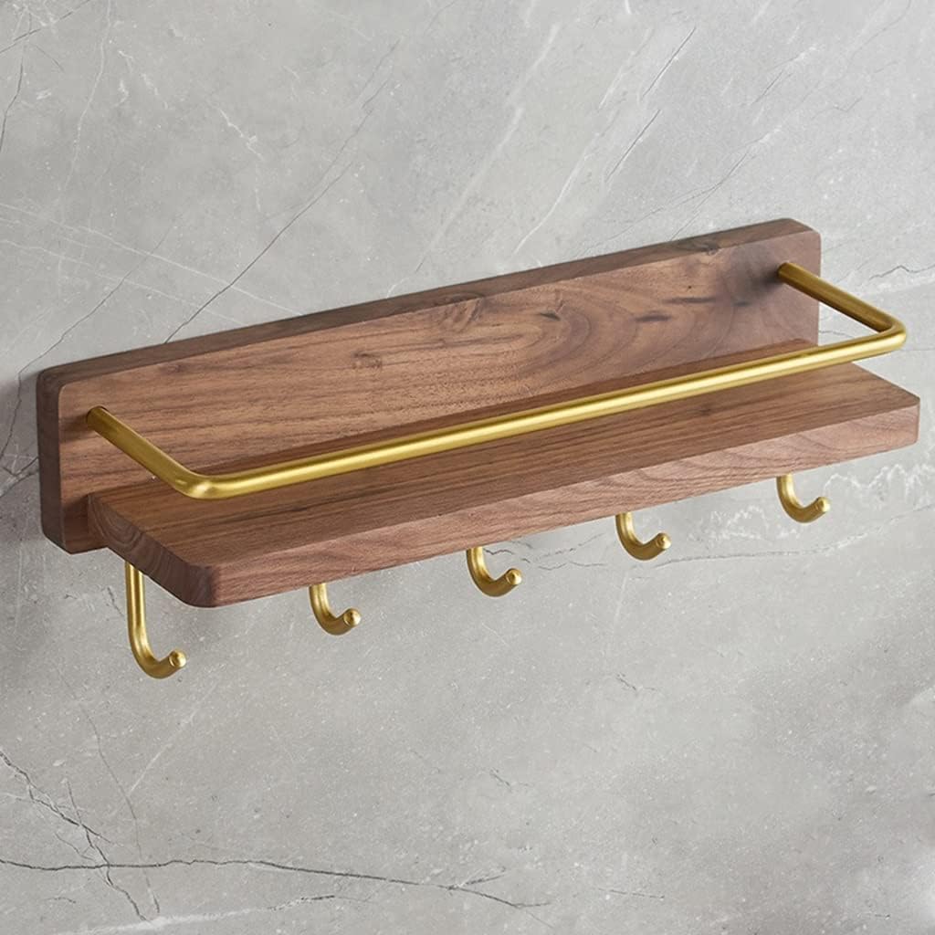 シャワーシェルフラック 壁取り付け式 ウォールナット バスルームシェルフ フック付き タオルバーオーガナイザーラック/ホルダー 石鹸