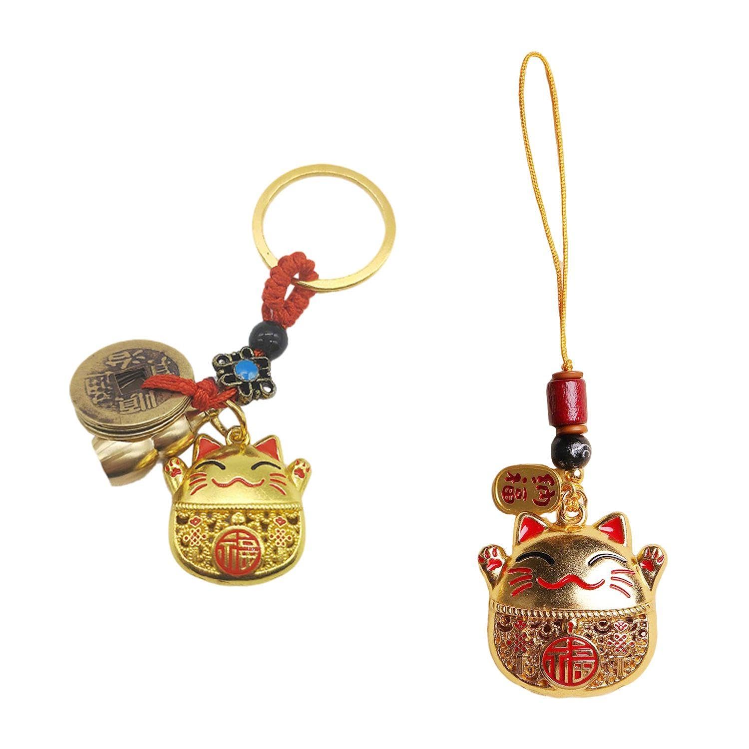 GDFHBD 2 Pieces Of Lucky Cat Keychain And Mobile Phone Chain, Feng Shui Mascot, Chinese Style Lucky Cat Ornaments, Car Key Decoration.