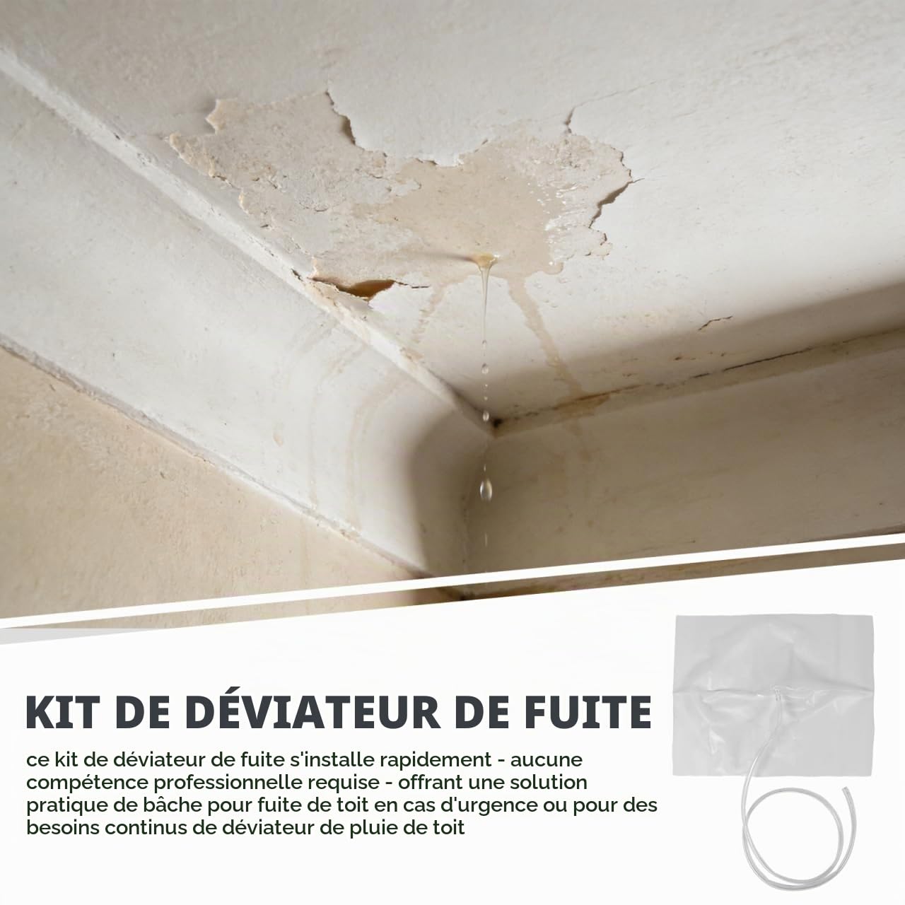 Didiseaon Bâche de Récupération d'eau de Pluie 120x100 Cm avec Bac Collecteur et Tuyau D'évacuation 4 Mètres, Kit Complet pour Dérivation des Fuites Plafond et Toiture, Étanche et Solide