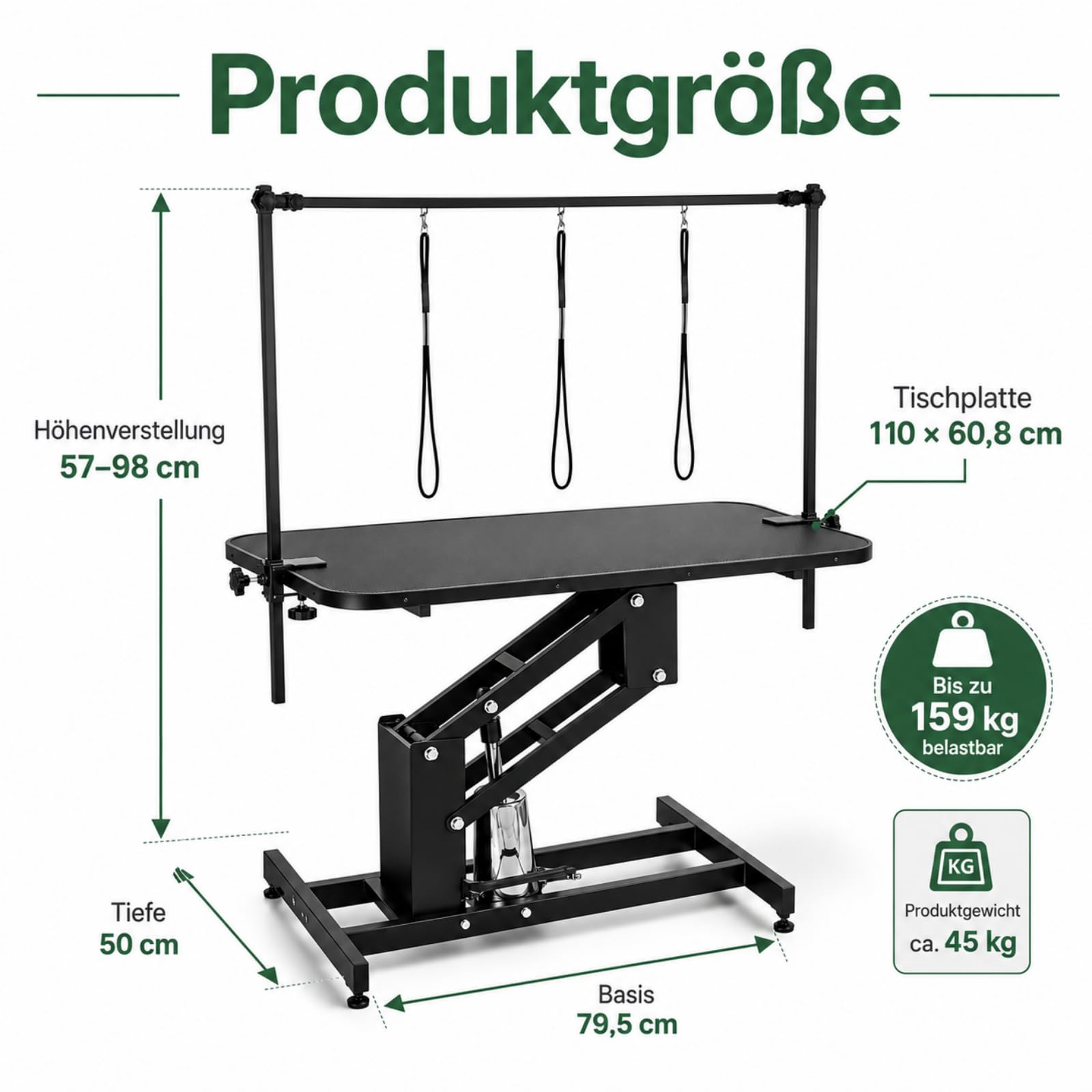 Hundepflegetisch hydraulisch, höhenverstellbarer Trimmtisch Hund 57–98 cm, 110 × 60,8 cm Pflegetisch für große Hunde, rutschfeste PVC-Oberfläche, 3 Nylon-Halteschlaufen, Schwarz