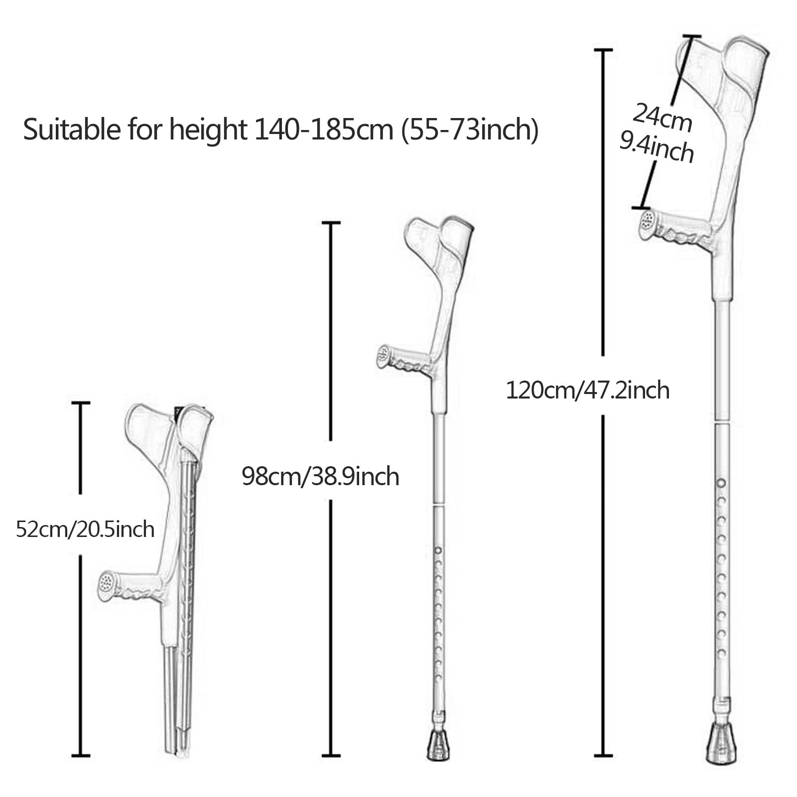 Muletas ajustables para antebrazo para adultos, portátiles, plegables, ayuda médica para caminar, soporta hasta 100 kg, 1 par (negro)