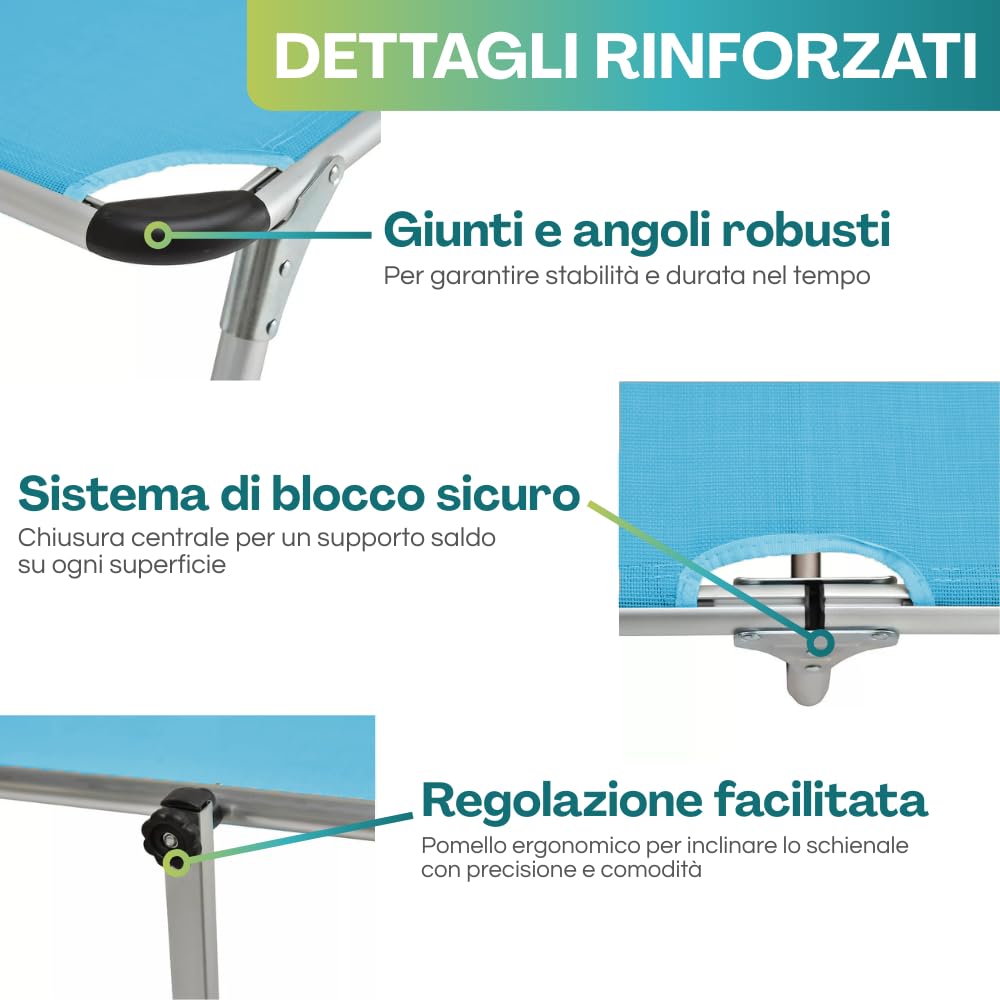 PALUPLUS Lettino Prendisole Pieghevole in ALLUMINIO con Tetto Parasole, Misura 190x60x80 cm, Tessuto Textilene impermeabile, tubolare 25mm per Spiaggia Piscina, Peso Max 120kg -489F-5,4 (Azzurro)
