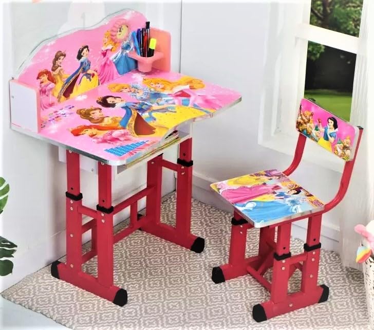 MLU Kids Study Table and Chair Set, Height Adjustable Wooden Baby Desk for Ages 2-11 (Pink)-image-37