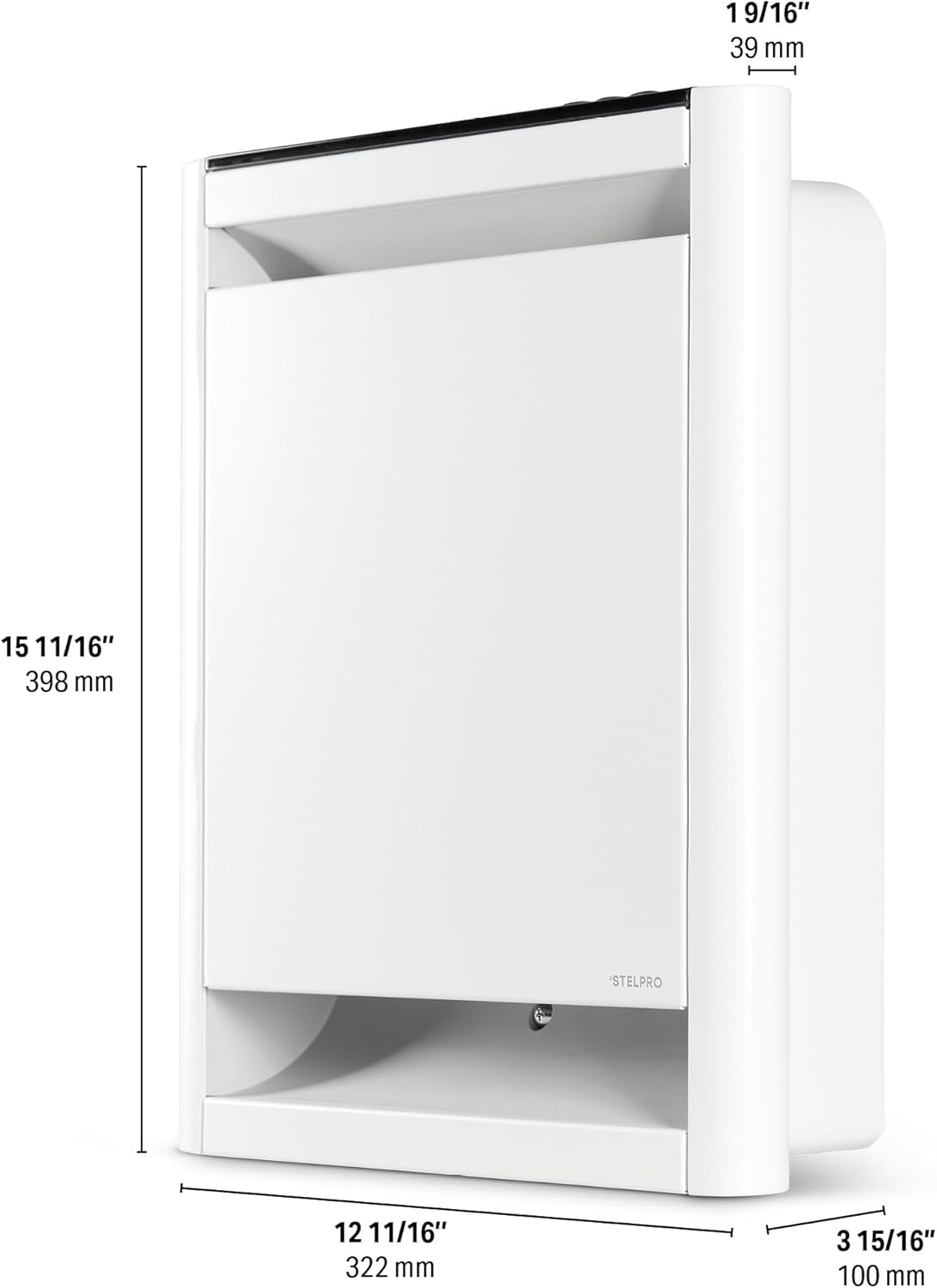 STELPRO SORB2002MW dimensions: 15 11/16 inches (398 mm) height, 12 11/16 inches (322 mm) width, 3 15/16 inches (100 mm) depth