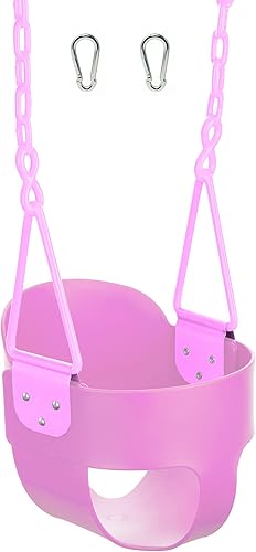 Columpio de lujo con respaldo alto para niños pequeños con cadena exclusiva y protección triangular para pellizcos y mosquetones para una fácil