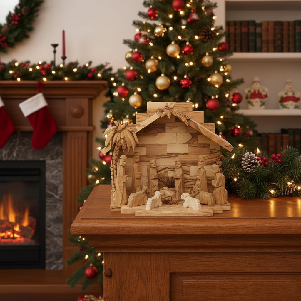 Authentic Handmade Large Olive Wood Christmas Xmas Nativity Set, Christian Home Decor Made in Bethlehem Holy Land - Traditional Manger Scene w/Figurines 7"