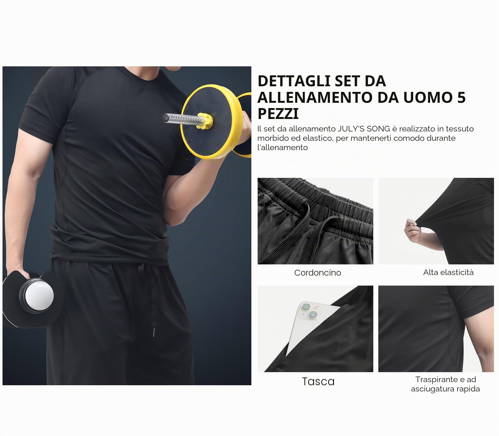 JULY'S SONG 5 Pezzi Fitness Palestra Completi Sportivi Uomo Abbigliamento Sportivo Allenamento Compressione Camicia Pantaloncini Leggings Set