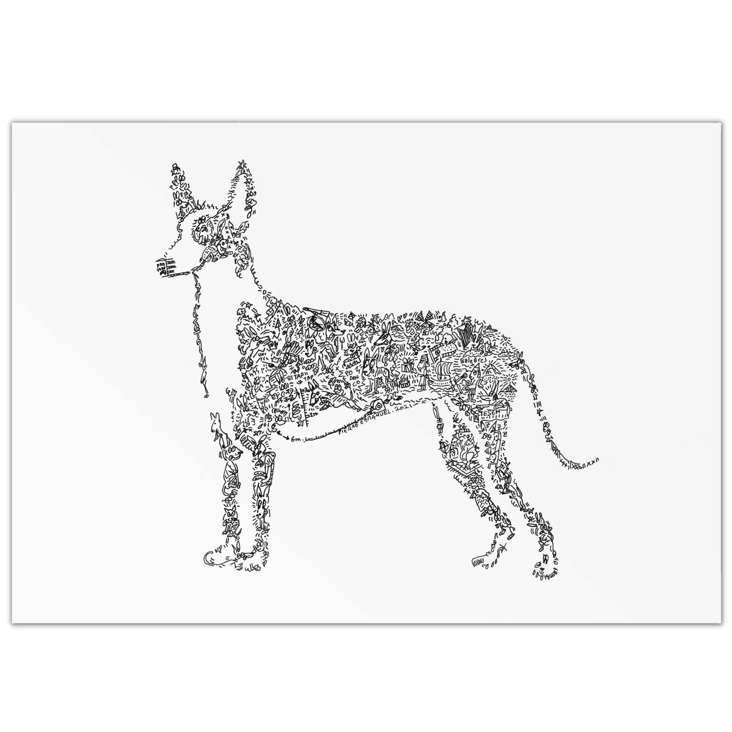 Poster du Podenco d'ibiza - Affiche chien de garenne des Baléares - Stencil bande dessinée - dessin biographie dans la silouhette - Handmade Graffiti Street Art Charnegue Charnegui (50x70cm)