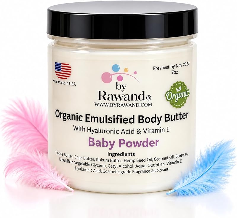 Manteiga corporal ByRawand com manteigas de karité, cacau e kokum, óleos vegetais, ácido hialurônico e vitamina E — fragrância Baby Powder, 7 oz