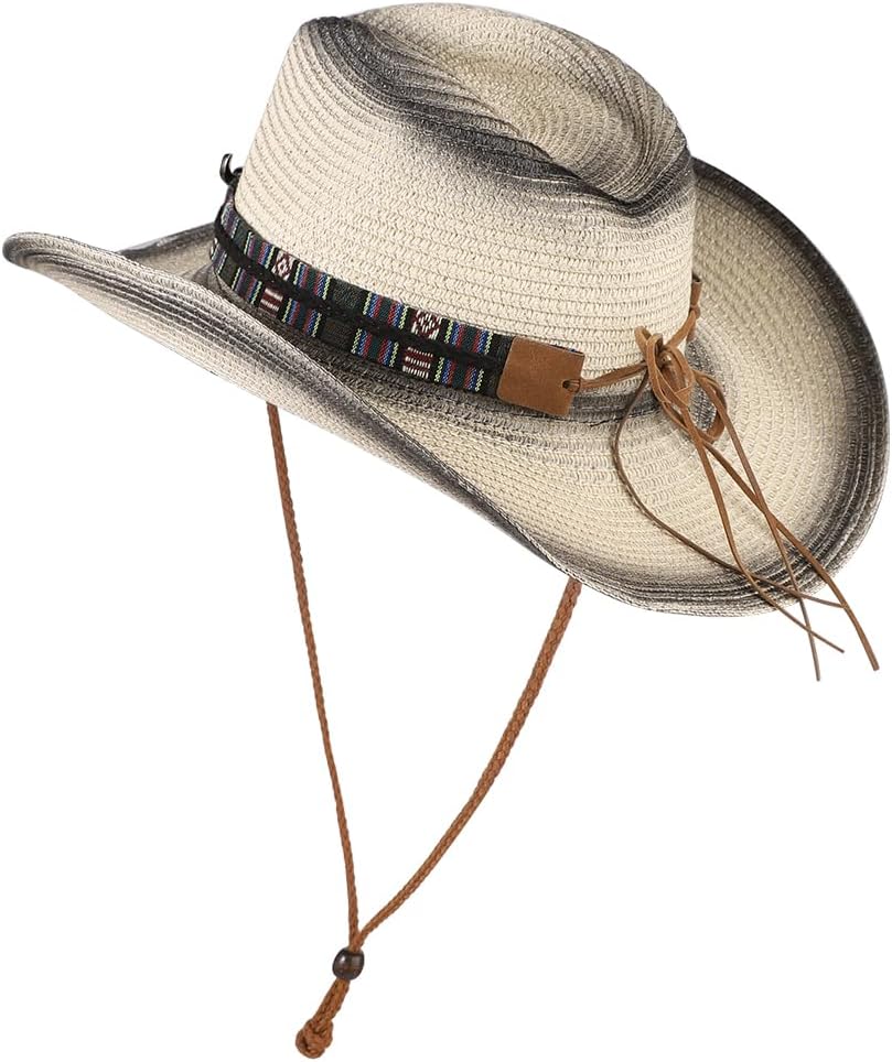 Straw Cowboy Cowgirl Hat Wide Brim Woven Western Cap UPF 50+ Beach Sun Hat Shapeable Packable Fedora Cap for Men Women - Image 4