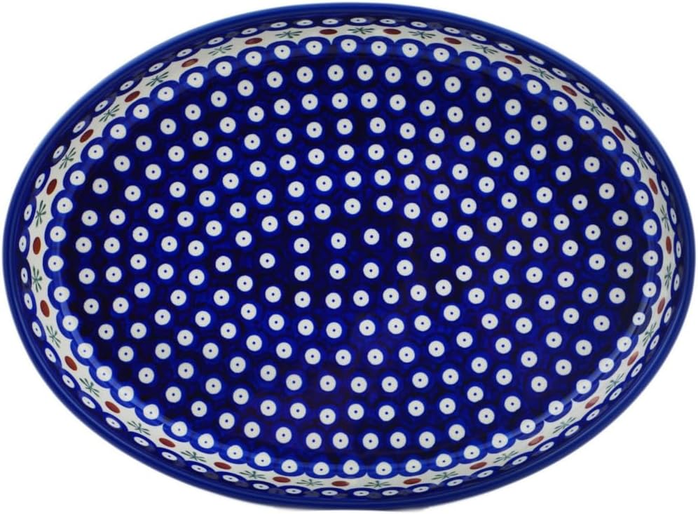 Polmedia Polish Pottery Authentic Polish Pottery Oval Baker 14-inch in Traditional Blue Mosquito Design Handmade in Bolesławiec Poland + Certificate of Authenticity