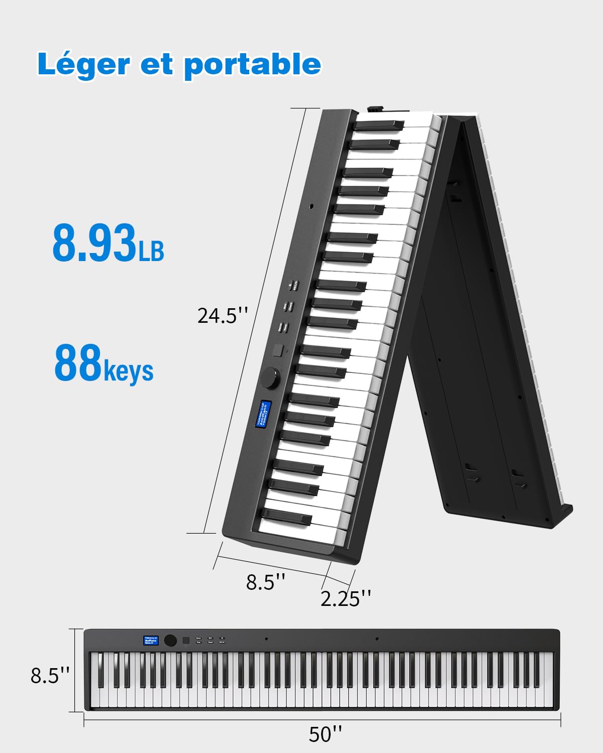 Piano numérique pliable 88 touches, clavier semi-lesté de taille originale, Bluetooth MIDI, piano électrique portable avec pédale de soutien, pupitre et sac de transport pour débutants et