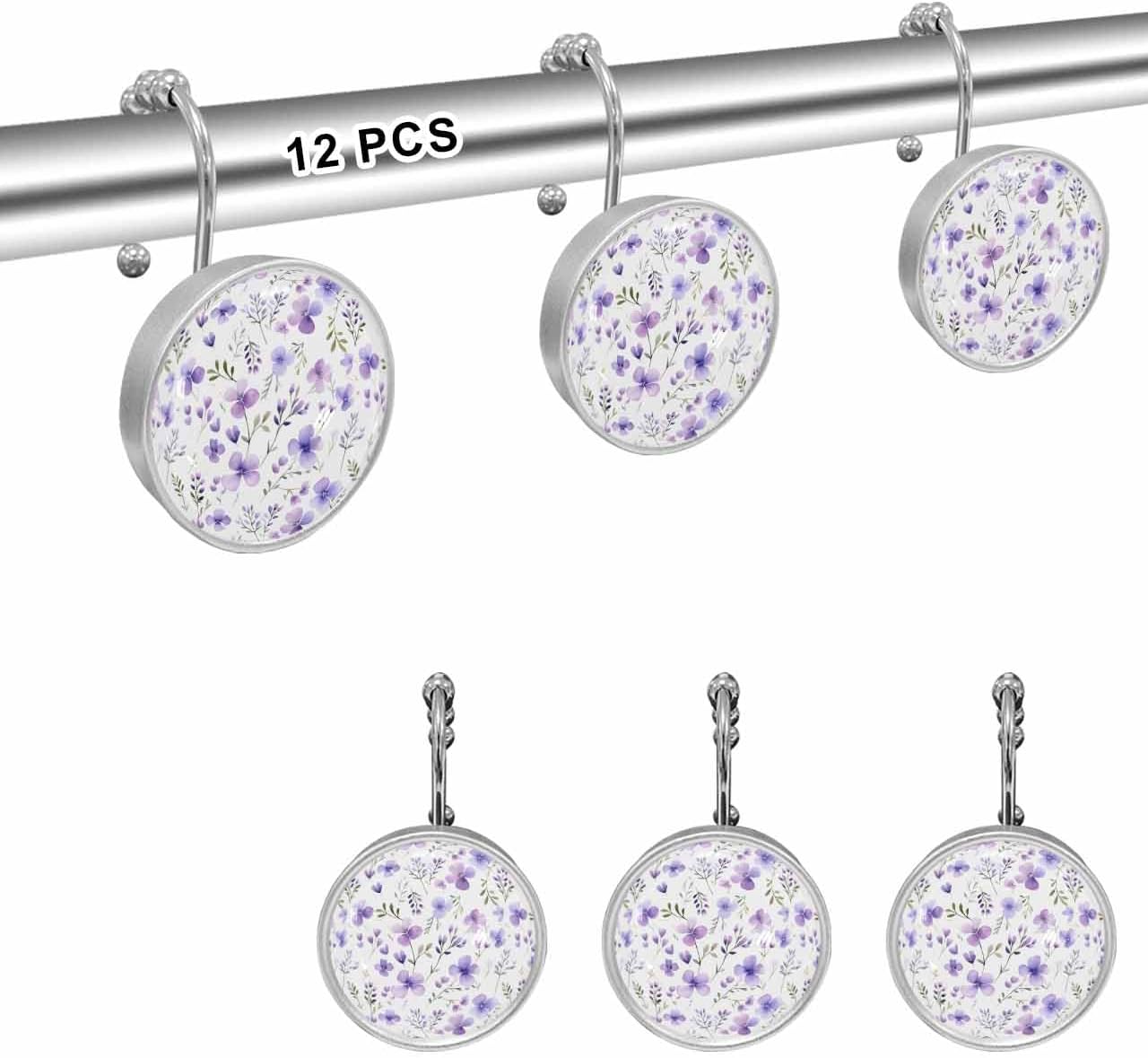 Purple Flower Shower Curtain Hooks 12 Pcs Watercolor Spring Plants Stainless Steel Rust Proof Rolling Shower Curtain Rings, Decorative Shower Curtain Hooks Hangers for Bathroom