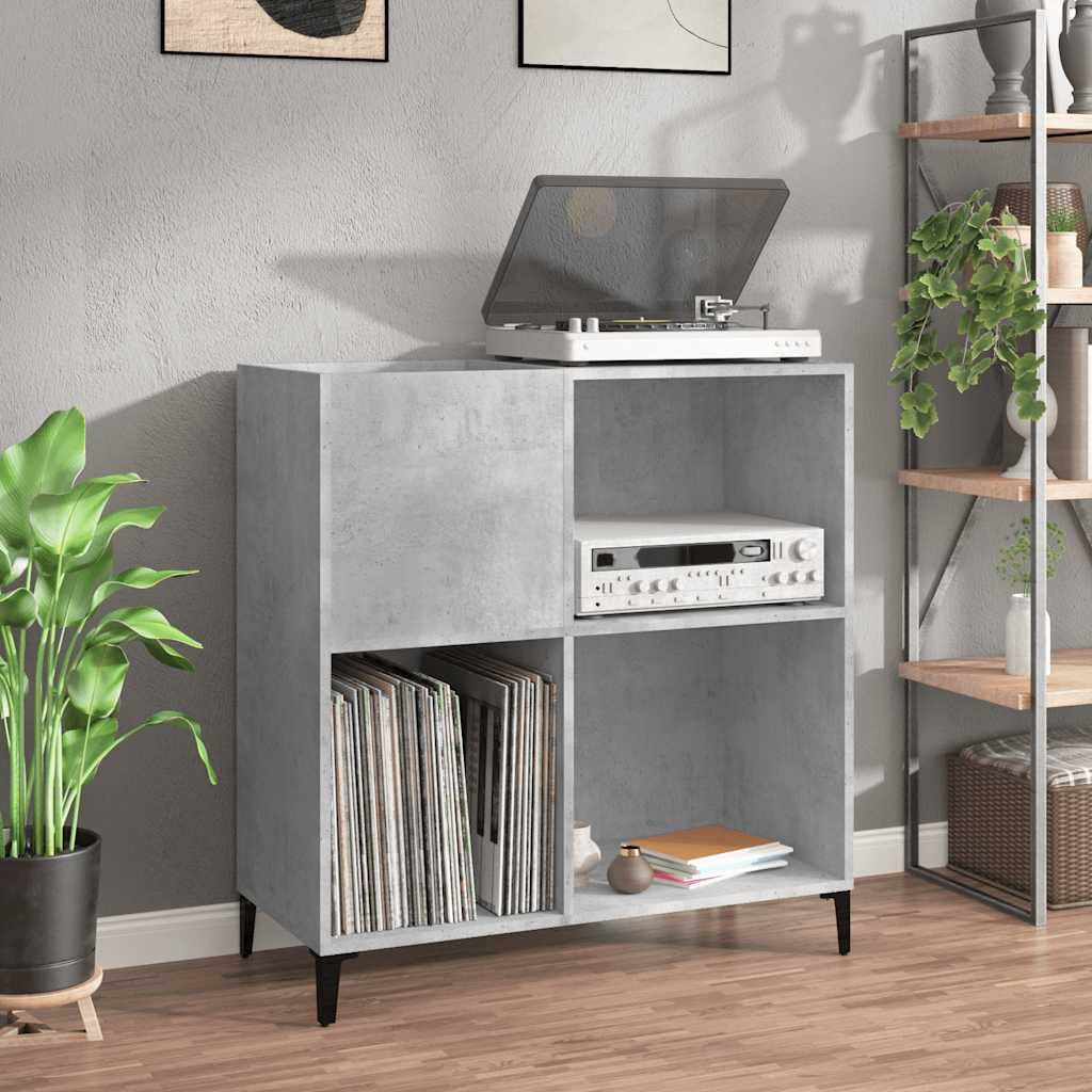 Armario de discos de madera con patas de metal y placa superior estable para almacenamiento de 180 discos LP, color gris hormigón, 84,5 x 38 x 89 cm