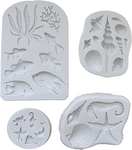 Molde de silicona para fondant, tema marino, algas, pescados marinos, cangrejo, concha, coral, conchas de mar, forma de conchas de mar, herramientas