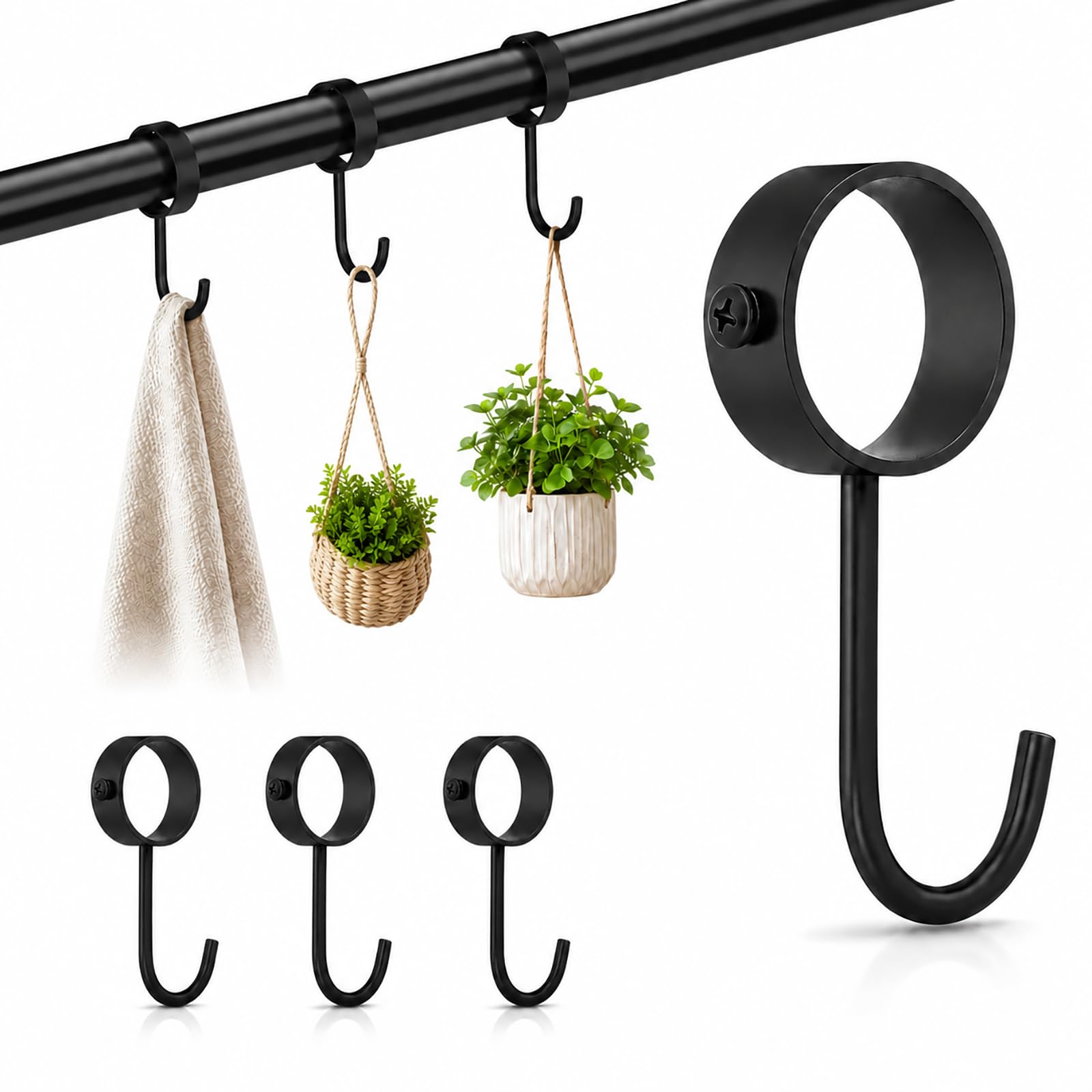 FortWeal Removable Rail Sliding Hooks, 32mm 4 Pcs Black Kitchen Storage Hooks Stainless Steel Hanging Pot Bar Heavy Duty Closet Rod Hooks for Pots Pans Mugs Towels Pipe Rod Hooks for Wardrobe