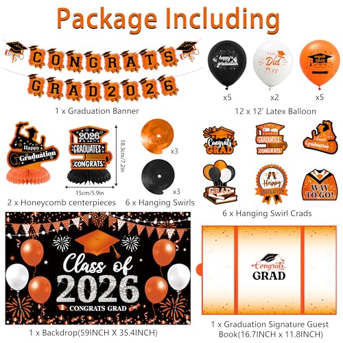 Image of Vlipoeasn Orange 2026 Graduation Party Decorations Black Orange 2026 College /High School Graduation Decorations Party Supplies, Orange Class of 2026 Congrats Grad Backdrop Banner Signature Book